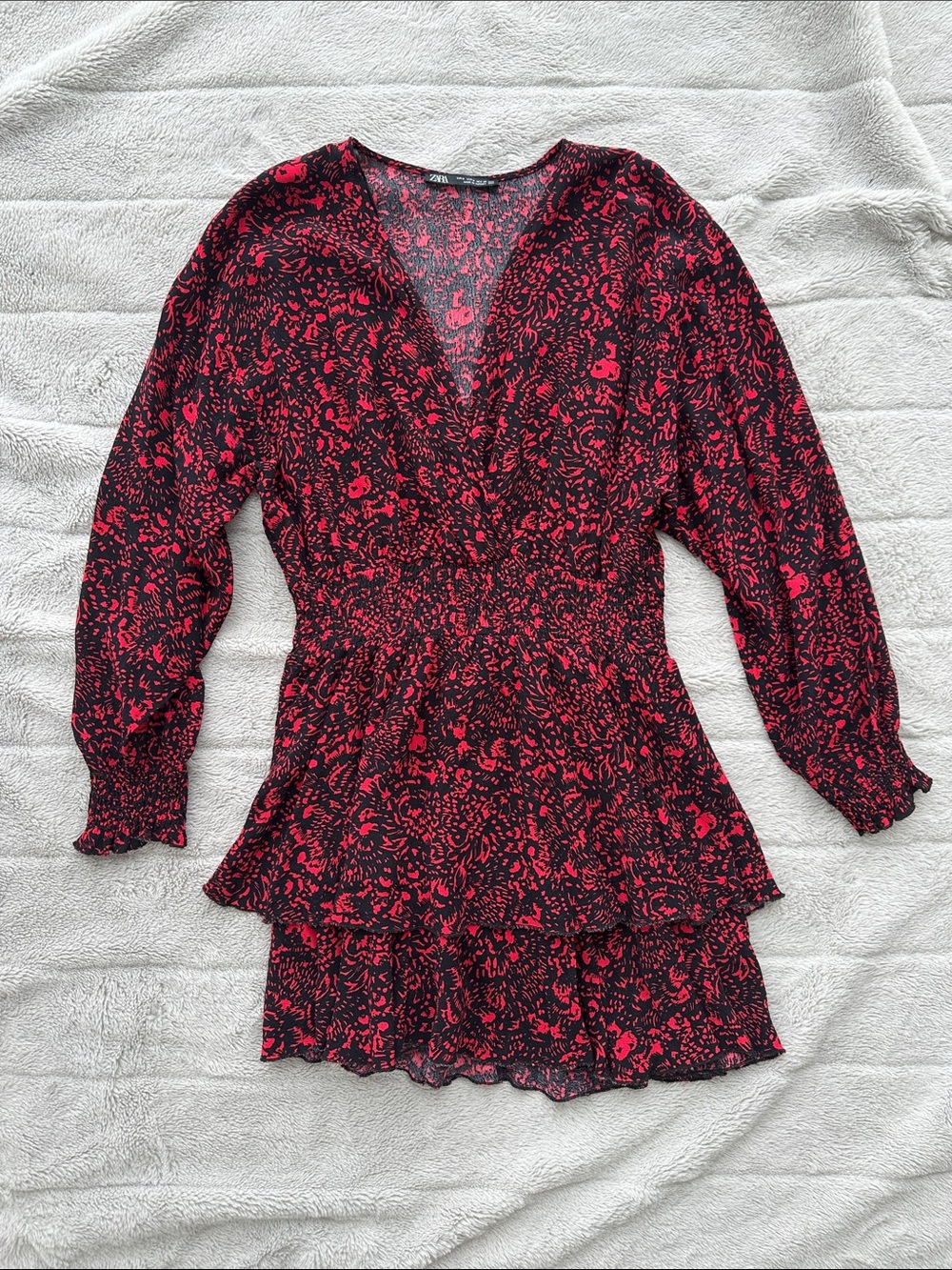 Zara Black and Red Floral Long Sleeve Tiered Dress